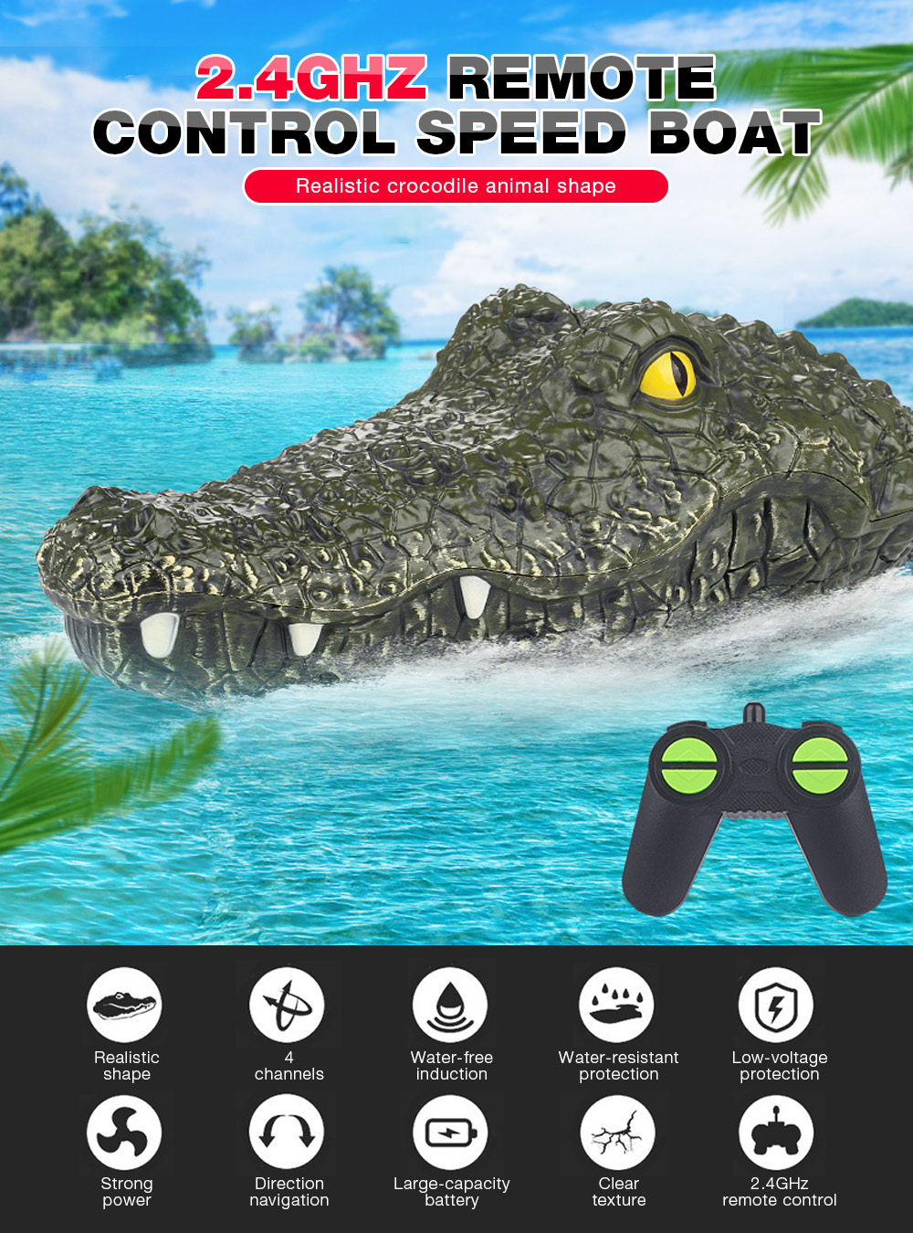 JJRC 2.4GHz Remote Control Speed Boat 4 Channels Realistic Crocodile Shape Boys Girls Aquatic Toy